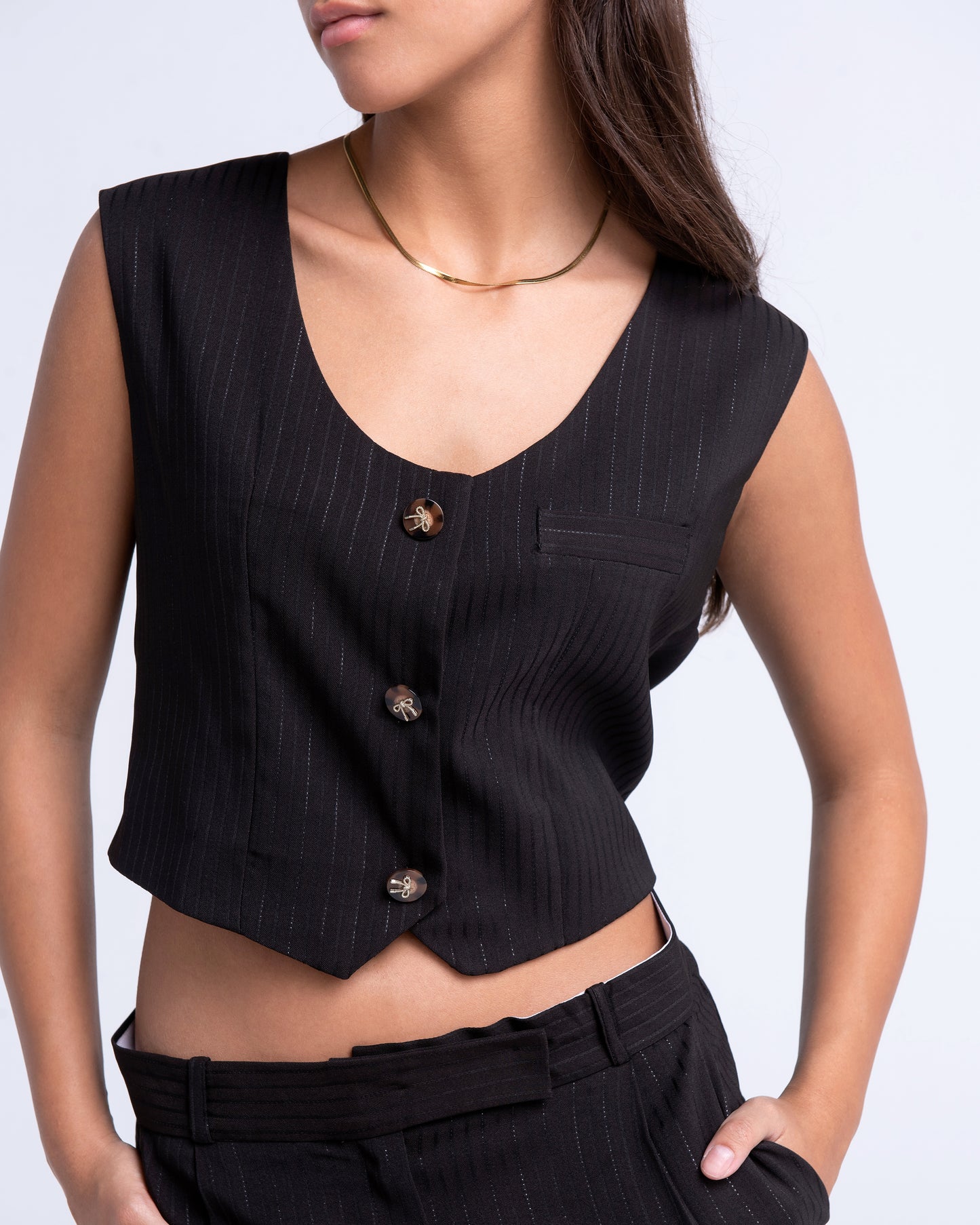 Amie Suit in Black Pinstripe