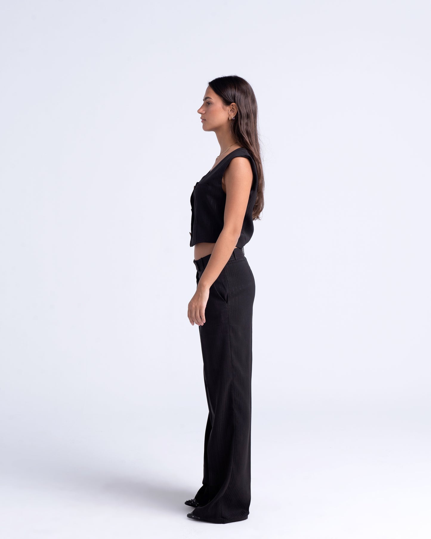Amie Suit in Black Pinstripe
