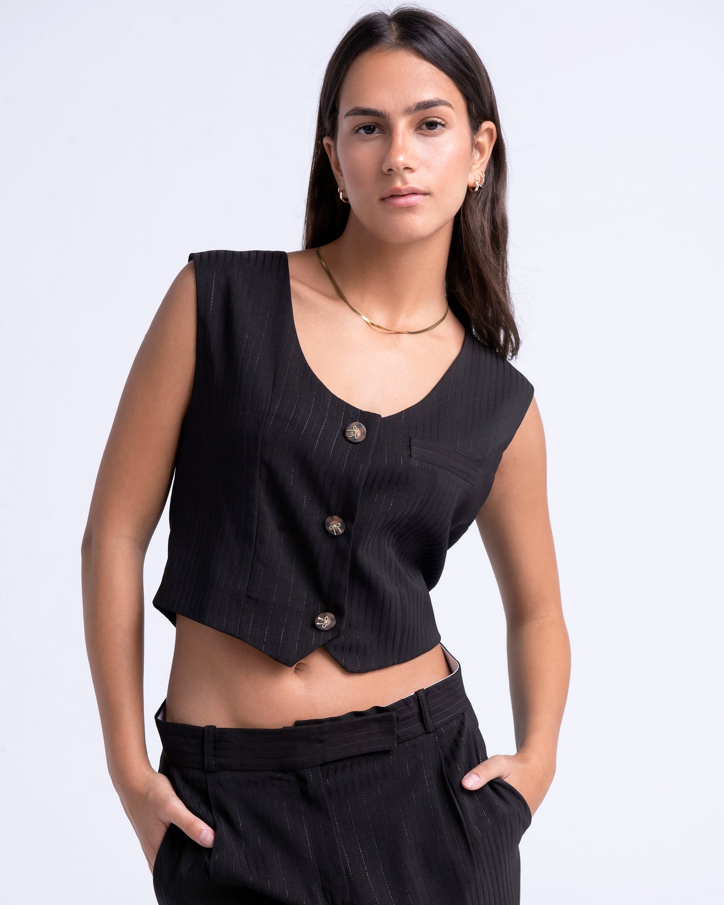 Amie Suit in Black Pinstripe