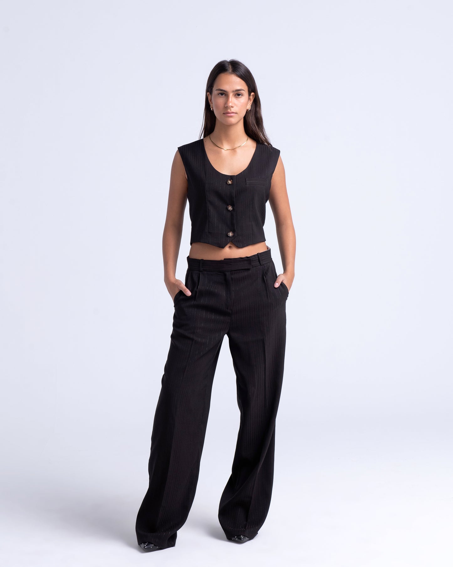 Amie Suit in Black Pinstripe